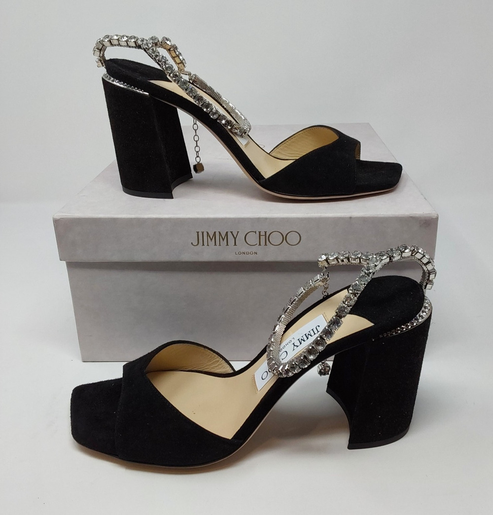 Jimmy Choo Saeda 85 Womens 6.5 Black Suede Crystal Ankle Strap Heels 36.5 NIB